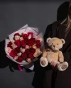 Подарочный набор 35 роз Кения 35 см  + Мишка 20см